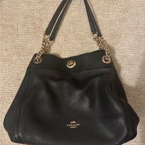 Coach Black Leather Shoulder Bag with Gold Chain
